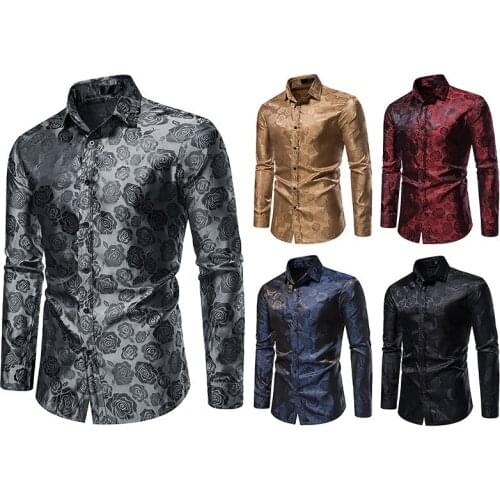 2021 Autumn New Casual Fashion Rose Print Formal Shirt Loose Plus Size Simple Black Men Long Sleeved Shirt Tide Free Shipping