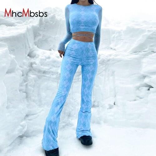 Mesh Long Sleeve Printed Lace Up Tee Shirt Slim Crop Tops + High Waist Wide Leg Pants Blue Cool Two Piece Set 2021Summer Outfits