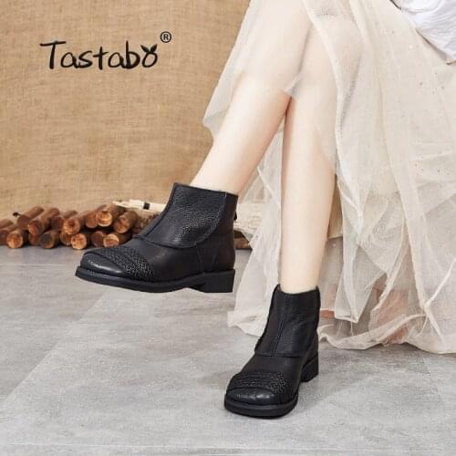 Tastabo Genuine Leather ladies ankle boots Hand-knit style Womens boots Brown Black SH708 Low heel Soft Womens shoes Casual