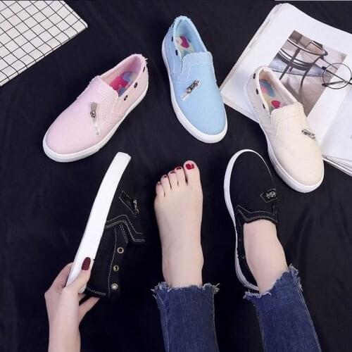 Large Size Single Shoes Women Canvas Loafers Denim Zipper One-pedal Flat-bottom Lazy Shoes Casual Womens Sneakers Women