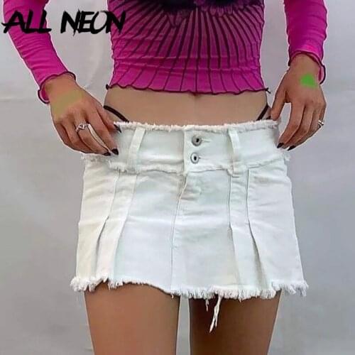 ALLNeon Y2K Aesthetics Cute Low Rise Distressed Hem Mini Skirts 2000s Fashion Button Up A-line White Denim Pleated Skirt Autumn