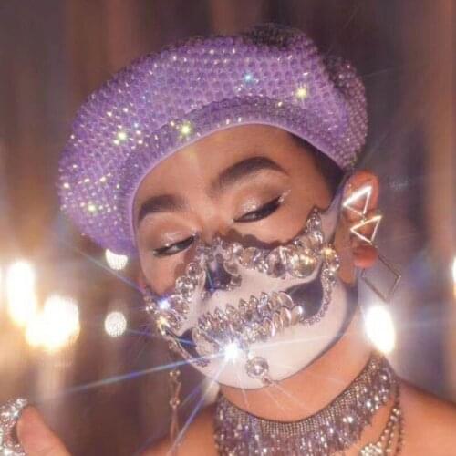 Women Men Stage Beret Elegant Full Rhinestones Autumn Winter High Quality Knitted Female Hat Caps Dance Accessories