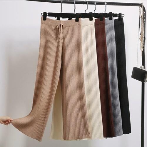 2021 Autumn Knitted Wide Leg Pants Women Korean Solid Ankle-length Pants Vintage Casual Elastic Waist Lace Up Pants Sweatpants