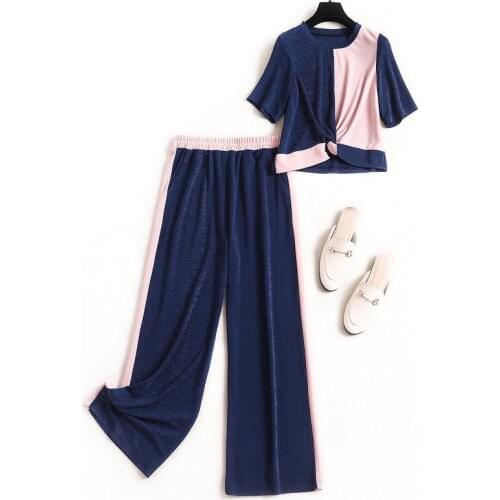 Women knitted lounge wear set summer 2020 short sleeve twist color block tops elastic waist long pants two piece sets plus size
