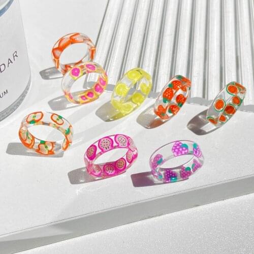 Cute Sweet Fruit Ring For Women Strawberry Lemon Transparent Resin Acrylic Finger Ring Girls New Design 2021 Summer Jewelry