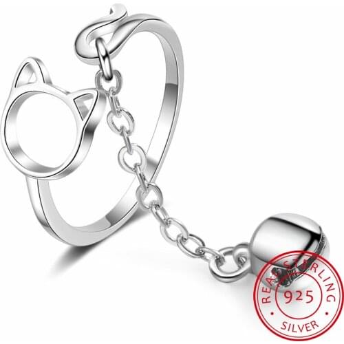 100% 925 Sterling Silver Cartoon Cat Bell Open Rings For Women Creative Cute Style Girl Fine Jewelry Gift