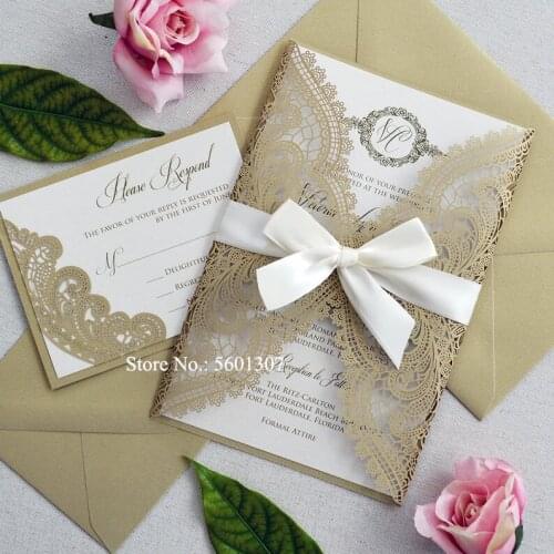 Gold Lace Wedding Party Card DIY Laser Cut Invitations for Anniversarty Bridal Shower Birthday With Ivory Ribbon and Printable