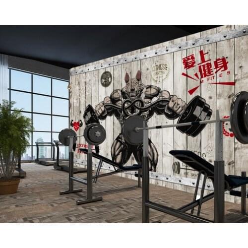 Free Shipping Creative Gym Custom 3D Photo Wallpaper Bodybuilding Cartoon Beasts Wood Gym Wall Cheap Gym Wallpaper Mural