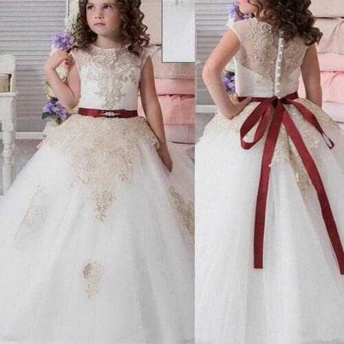 Ivory Flower Girl Dresses With Golden Lace Applique Sleeveless Tulle Wedding Cute Princess Communion Pageant Kids Gowns