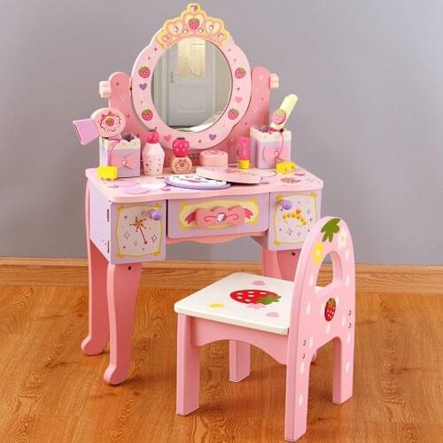 Wooden Dresser Table Girls Make Up Toys Kids Pink Bedroom Makeup Table Chair Set