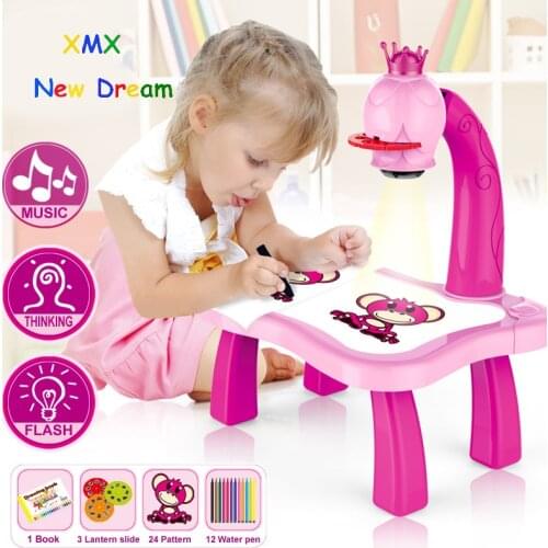 Kids Children Educational Early Learning Musical Projector Projection Painting Drawing Table Desk Toy Paint Tools Gif DIY Toys