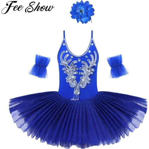 Kids Girls Dress Spaghetti Shoulder Figure Ice Skating Swan Dance Ballet Dancewear Leotard Dresses Sequins Rhinestone Dress