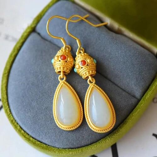 Natural Hotan jade Drop Earrings Chinese style retro minority design elegant gilding craft womens Christmas Halloween Gift