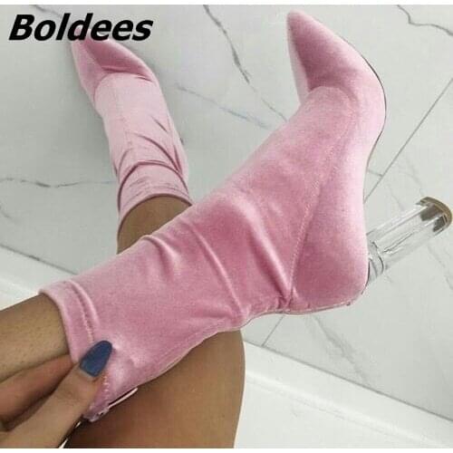 Elegant Soft Pink Velvet Transparent Block Heels Ankle Boots Slim Fit Pointed Toe Chunky Heel Back Zip Short Women FashionBoots