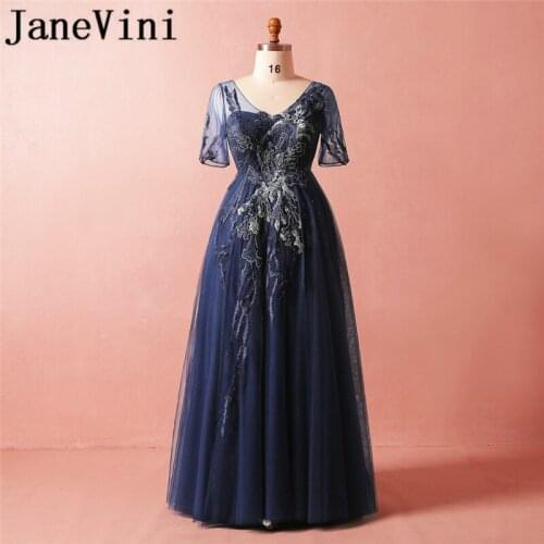 JaneVini Elegant Navy Blue Long Mother Of The Bride Dresses With Sleeves V Neck Exquisite Embroidery Formal Evening Party Gowns