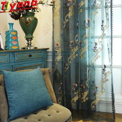 European and American Vintage Embroidered Tulle Curtains Living Room Blue Luxury Tulle for Villa Hotel High-grade VoileWP047#40