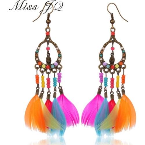 Miss JQ Indian Jewelry Bohemian Vintage Ethnic Earrings Colorful Beads Long Feather Tassel Dangle Earrings Brincos jewelry