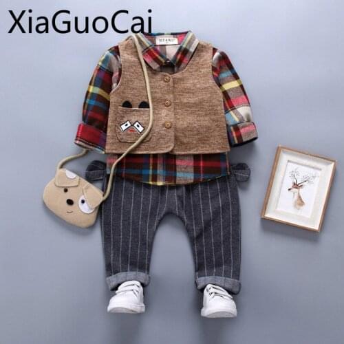 Toddler Boys Clothing Set Childrens Clothes Suits Spring Autumn New Korean Infant Plaid Shirt Three-piece Sets Kids Clothes