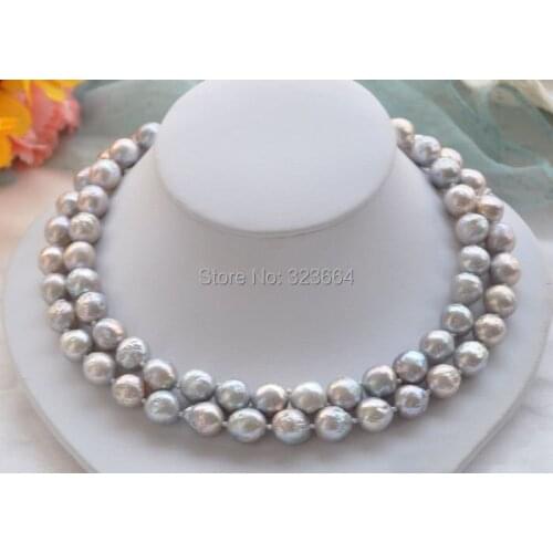 Beautiful 2row 12mm gray almost round PEARL NECKLACE mabe clasp