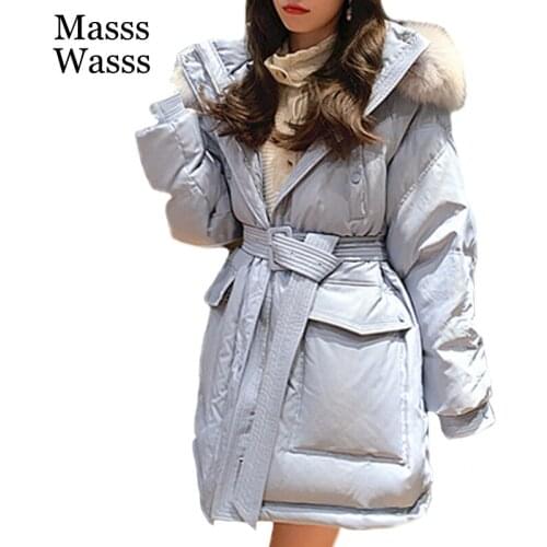 Masss Wasss 2021 British Style Fashion Winter Womens Fur Hooded Jacket Duck Down Casual Parkas Pockets Buttons Long Snow Clothes