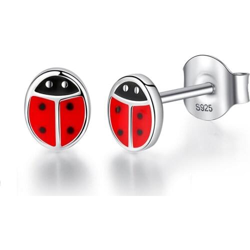 Fashion 925 Sterling Silver Stud Earrings with Red Enamel Cute Animal Ladybug Earrings for Childs Kids Lovely Jewelry Gift