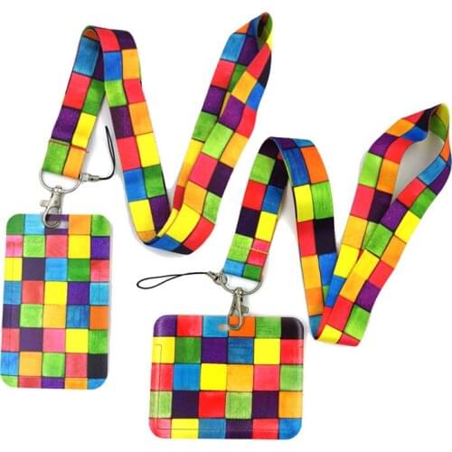 Rainbow lattice Pattern Fashion Lanyard ID Badge Holder Bus Pass Case Cover Slip Bank Credit Card Holder Strap Card Holder