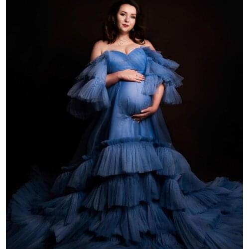 Sky Blue A-Line Ruffled Tulle Long Maternity Dresses Women Elegant Off Shoulder Tiered Pleated Ruffles Party Gowns Plus Size