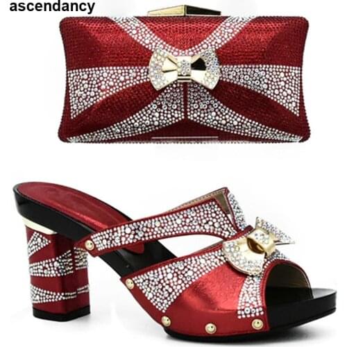 Latest Red Color Italian Ladies Shoes and Bag Sets Decorated with Rhinestone African Matching Shoes and Bags Italian In Women