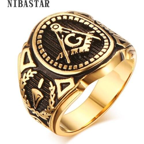 Punk New Mens Stainless Steel Masonic MASON Gold Color Tone Biker Ring Size 8-12