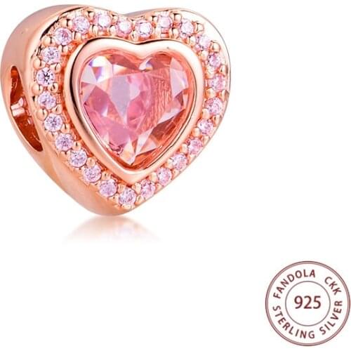 Fits Pandora Bracelet 925 Sterling Silver Rose Gold Sparkling Love Heart Charms Beads Women DIY Jewelry Making Berloques