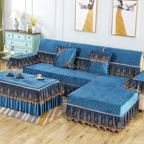 Teal Luxury Sofa Cover 3D Fashion Diamond Embroidery Lace Sofa Towel Slipcover Non-slip Cushion A Complete Living Room Sofa Set
