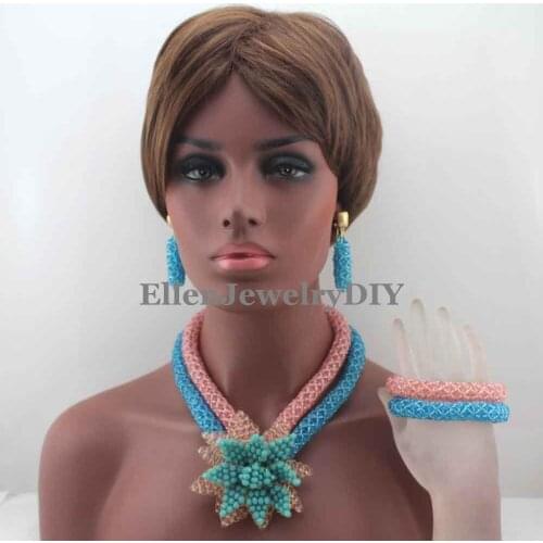 Pink/Sky Blue African beads Jewelry Sets Flower Pendent Beads Nigerian Wedding beads Jewelry Set Statement Jewelry Set W13373