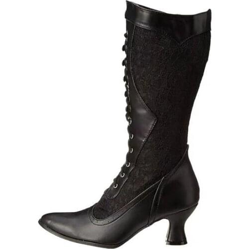 Pointed Wine Glass With Lace Stitching PU Knee-Length Boots Cross-Lace Side Zipper White Pattern Womens Boots