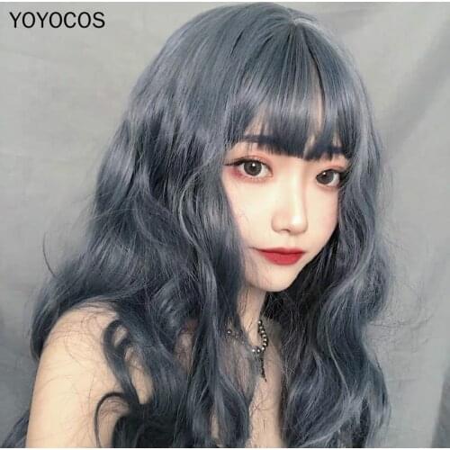 YOYOCOS Ash Blue Long Curly Hair 75CM Female Daily Wig Heat Resistant Sythentic Hair Cute Anime Cosplay Party Festival Wigs