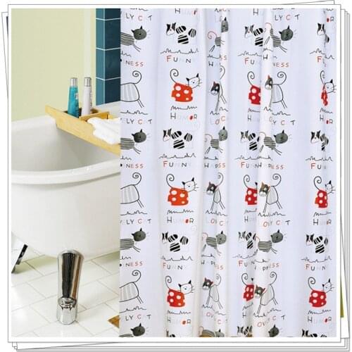 Cartoon Cat PEVA Shower Curtain Environmental Anticorrosion Thick With Hook White No Punching Shower Curtain Rod Matching