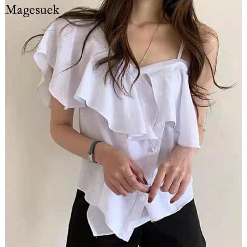 Sexy Summer Off-shoulder Sling Shirt Korean Elegant Ruffles Stitching Women Tops Slim Single-breasted Asymmetry Blouse 14814