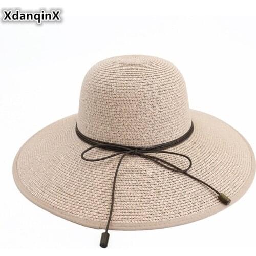 XdanqinX Adult Womens Straw Hat Oversized Visor Sun Hats Elegant Simple Fashion Beach Hat For Women Foldable Summer Female Cap