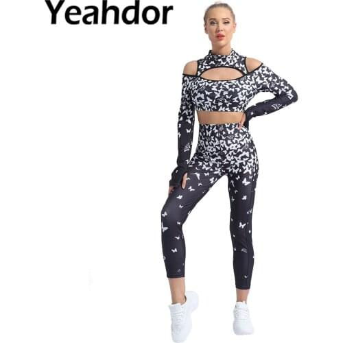 Women Gym Fitness Yoga Sportswear Sports Outfit Stand Collar Long Sleeves Hollow Out Sport Top High Waist Side Pockets Pants Set