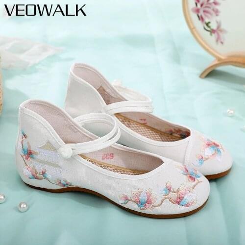 Veowalk Vintage Women Canvas Embroidered Ankle Strap Ballet Flats Soft Comfortable Chinese Style Ladies Casual Walking Shoes