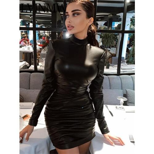 LVINMW PU Pleated Patchwork Mock Neck Long Sleeve Dress Black Sexy Chic Slim Dresses For Women Autumn Leather Bodycon Club Party