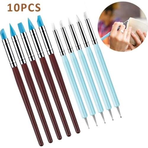 10Pcs Clay Sculpting Pen Silicone Pen Tip Wood Handle DIY Nail Art Pottery Clay Modeling Sculpture Polymer Carving Tools
