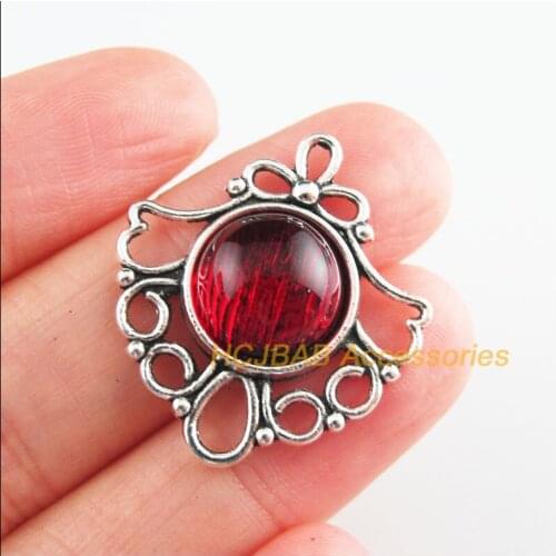 8 New Round Charms Red Glaze Flower Pendants Tibetan Silver Tone 26x29mm
