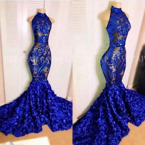 Royal Blue Mermaid Prom Dress 2021 Sexy See Through Top High Neck Sequin 3D Flowers African Black Girl Long Prom Dresses