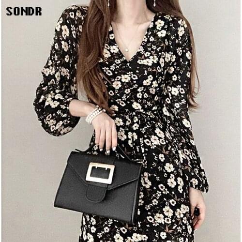 Korean One-Piece Chiffon WomenS Dress Fall 2020 Elegant Sweet V-Neck Thin Floral Dress Vintage Street Dress Casual Long Dress