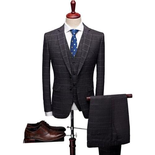 Royal Blue Purple Black 3 Pieces Mens Plaid Suit Three-piece Korean Slim Business Casual Suit