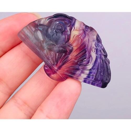 Beautiful Natural Colorful Fluorite Crystal Carved Birds and flowers fan Healing Lucky Amulet Gift