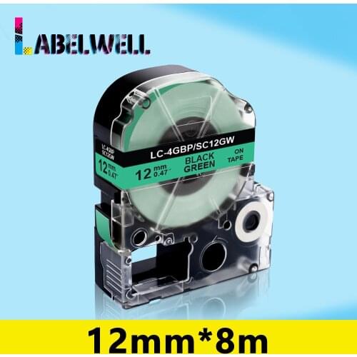 Labelwell SC12GW 12mm tape for Epson Kingjim LK-4GBP LC-4GBP Printer ribbon Black on Green for Epson LW-300 LW-600P Label Maker