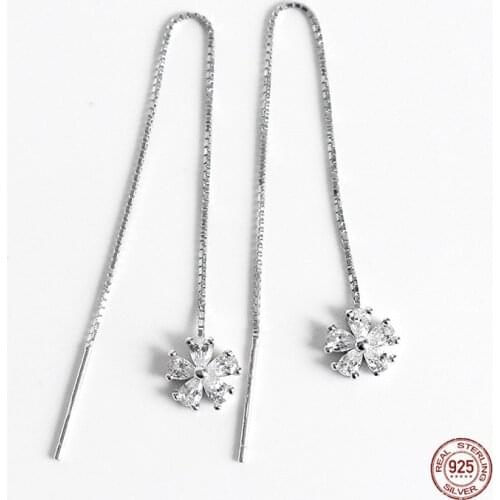 LKO Plum Blossom Flower Long Tassel Earrings for Women 925 Sterling Silver Ear Line Fashion Zircon Delicate Jewelry Gift
