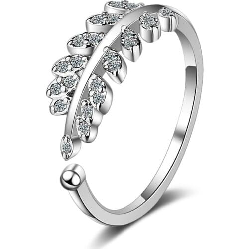 Fashion Leaves Shape White Zircon Opening Ring For Women Girl Creative Female Adjustable Party Jewelry Gift Finger