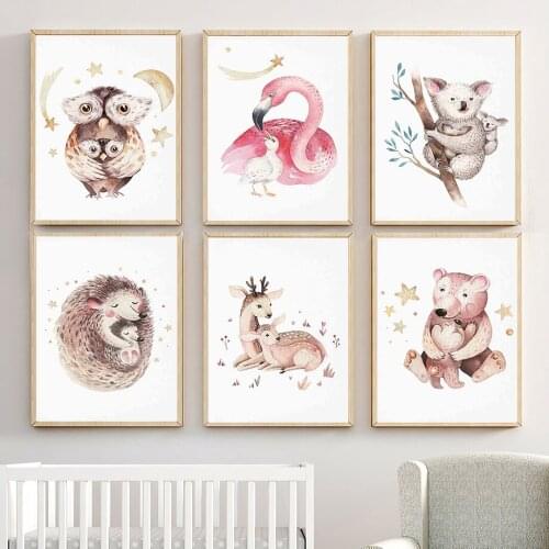 Watercolor Owl Elk Koala Bear Hedgehog Flamingo Wall Art Canvas Painting Nordic Posters And Prints Wall Pictures Kids Room Decor